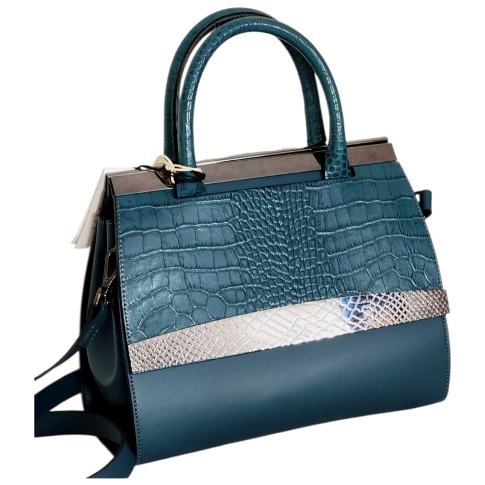 Vittoria Nalpoli Croc-Embossed Teal Leather Satchel w/Gunmetal Hardware NWOT